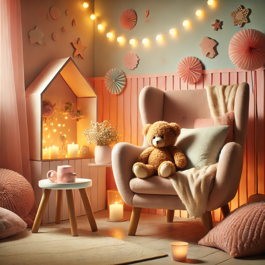 Nurserie ABDL adulte douce et discrète avec couverture, lit de régression et couches adultes derrière les peluches

